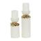 White Abstract Spotted Ceramic Pillar Candle Holder Set with Gold Leaf Accents